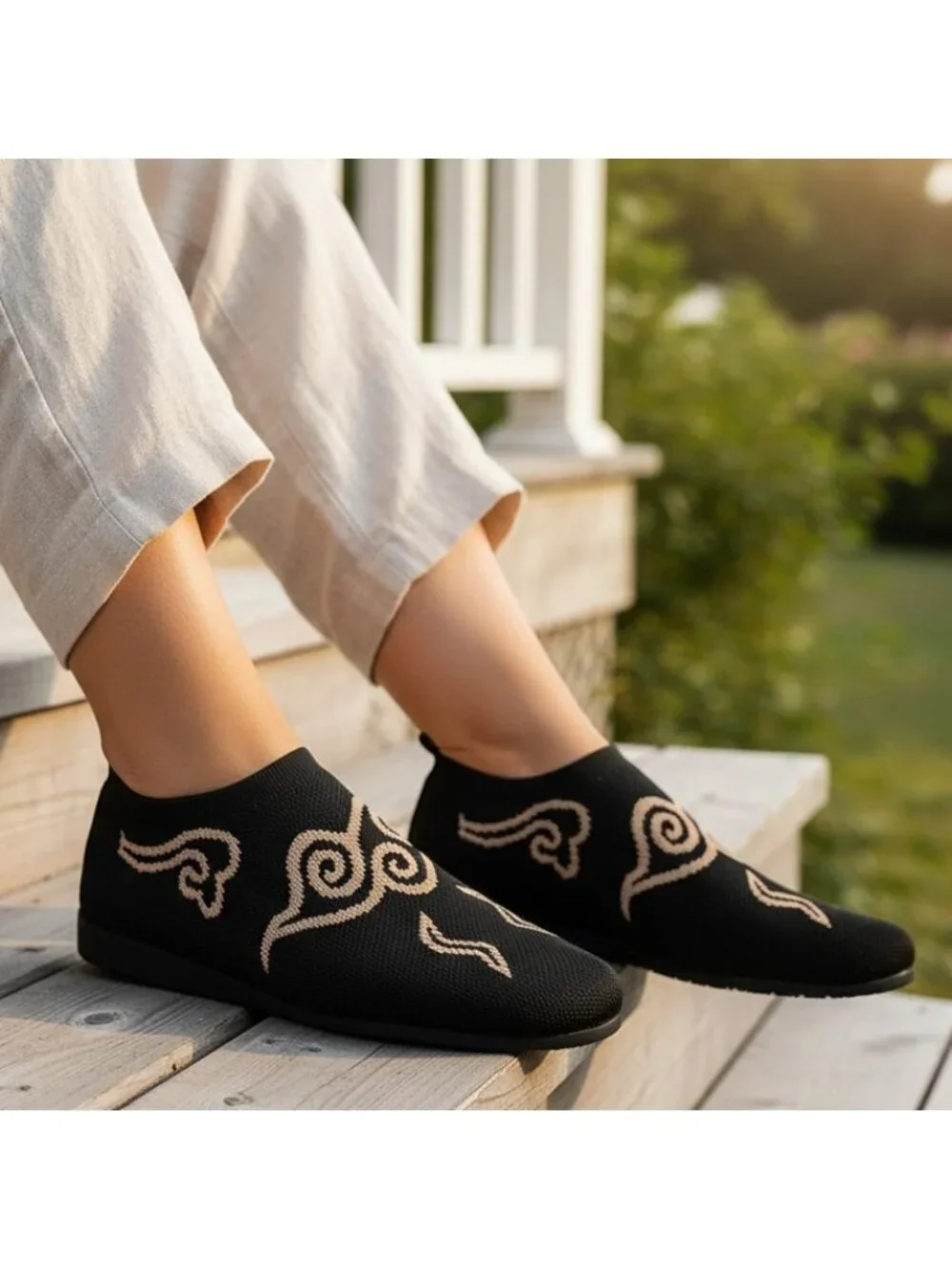 Grecian Scroll Swirl Knit Round Toe Ballet Flats Artsy Breathable Slip-On Shoes